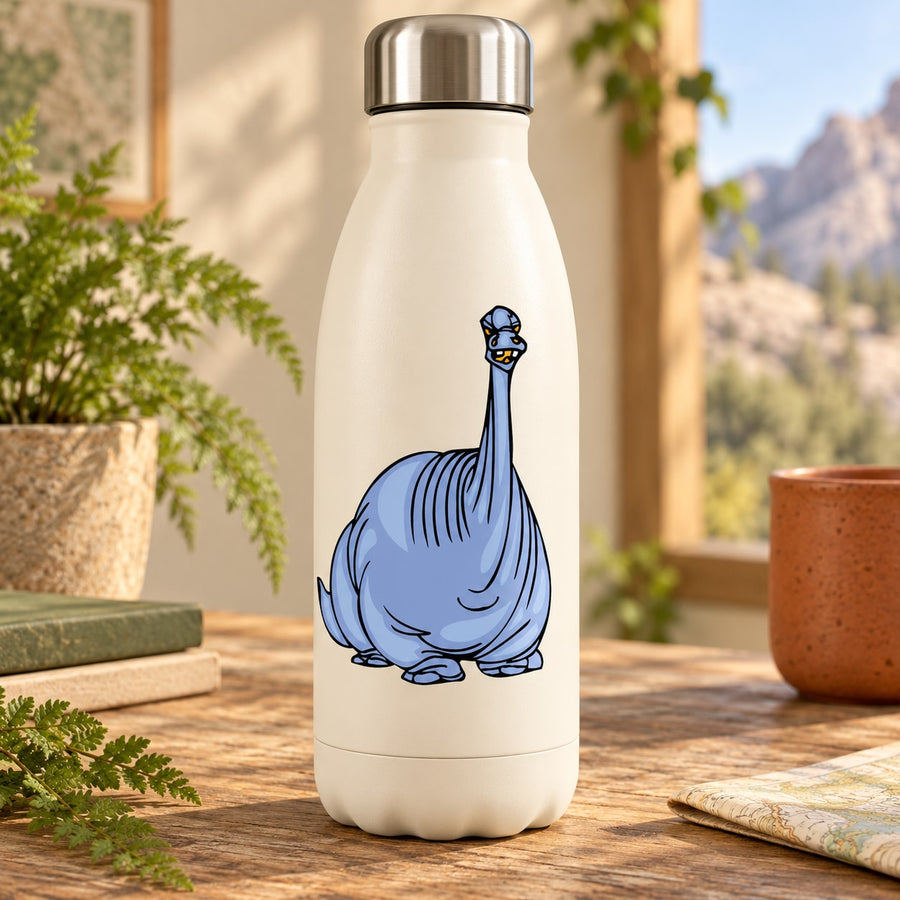 White insulated water bottle with blue angry apatosaurus graphic