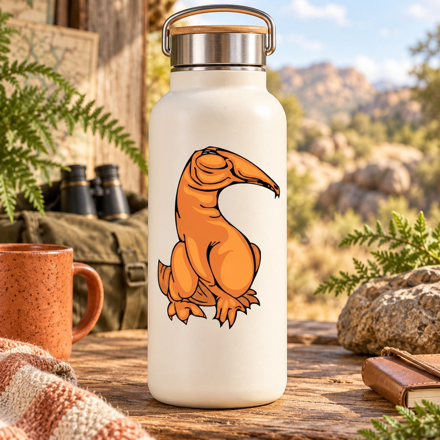 Water bottle with orange dinosaur decal on white bottle