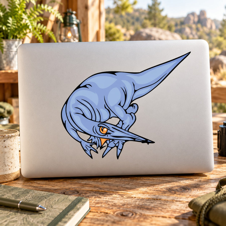 Creeping dinosaur head sticker, blue with sharp beak and orange eye