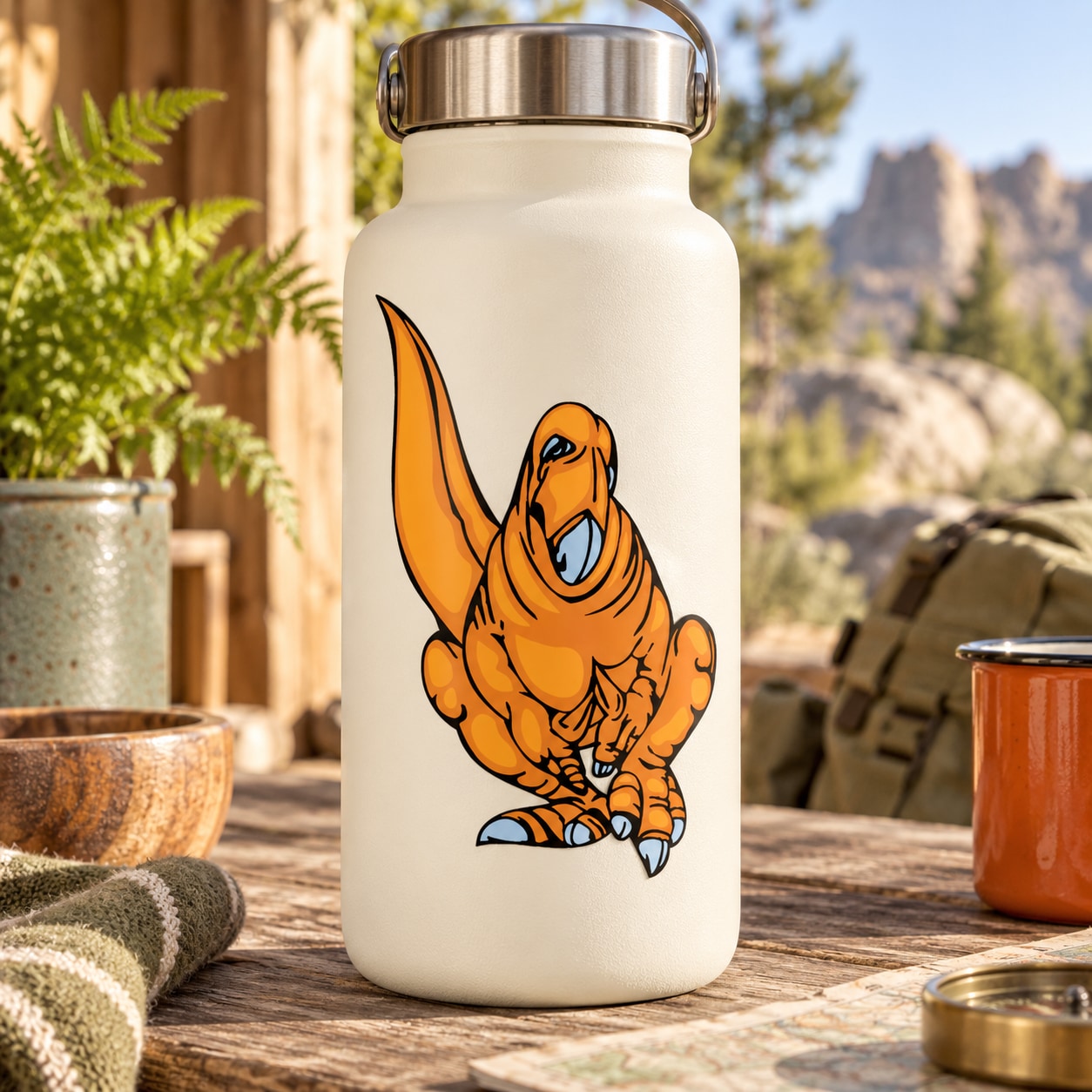 Sneaky dinosaur sticker: orange sneaky dinosaur with blue eyes on white