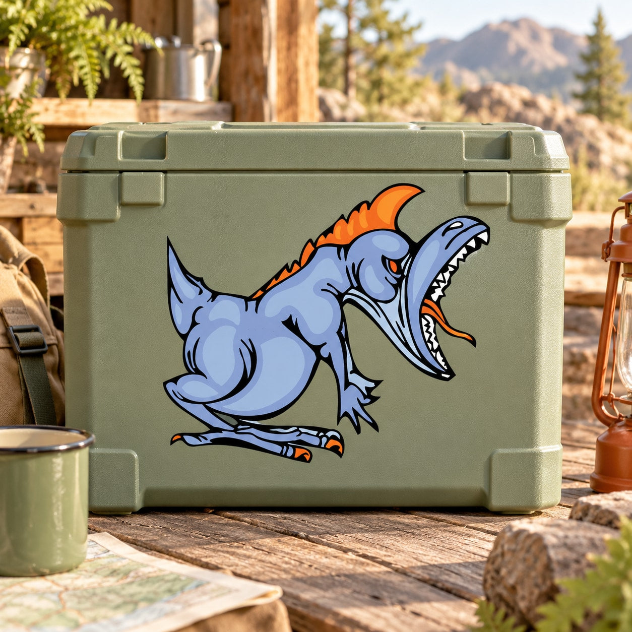 Roaring blue dinosaur sticker with orange accents, open mouth and sharp teeth