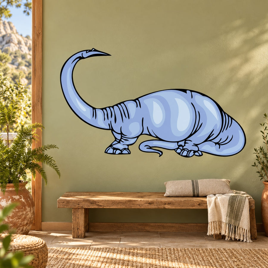 Blue Apatosaurus dinosaur wall sticker with long tail and curved neck