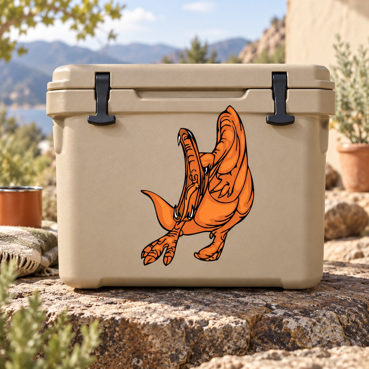 Orange attacking dinosaur graphic sticker