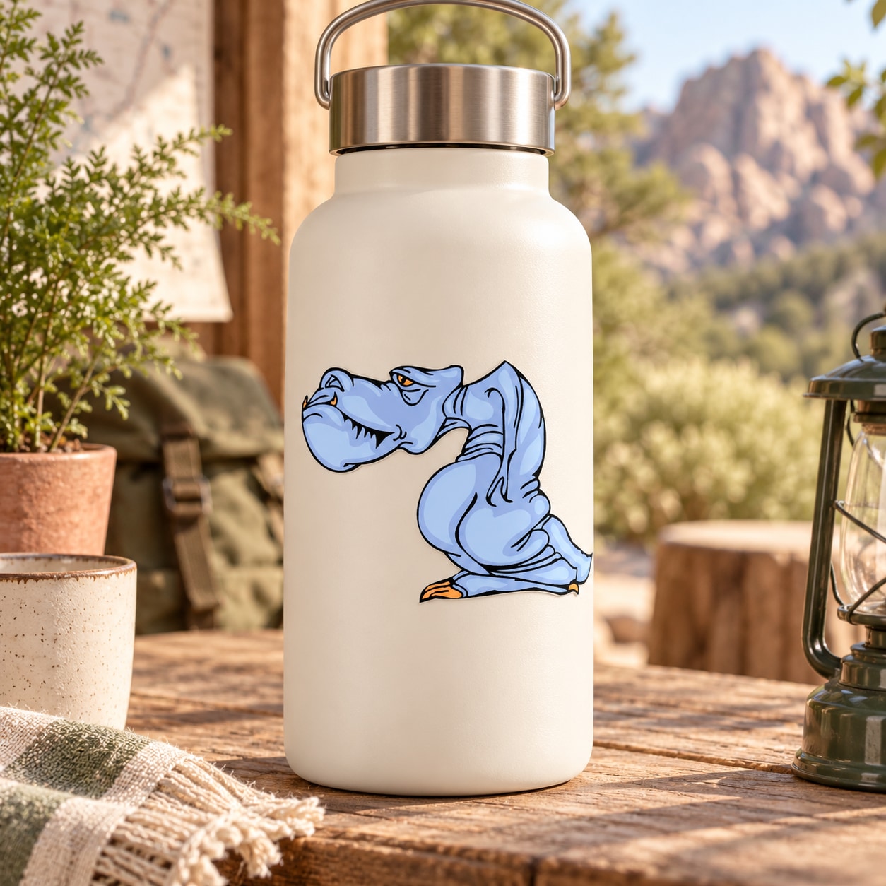 Cartoon dinosaur sticker decal on a white reusable water bottle