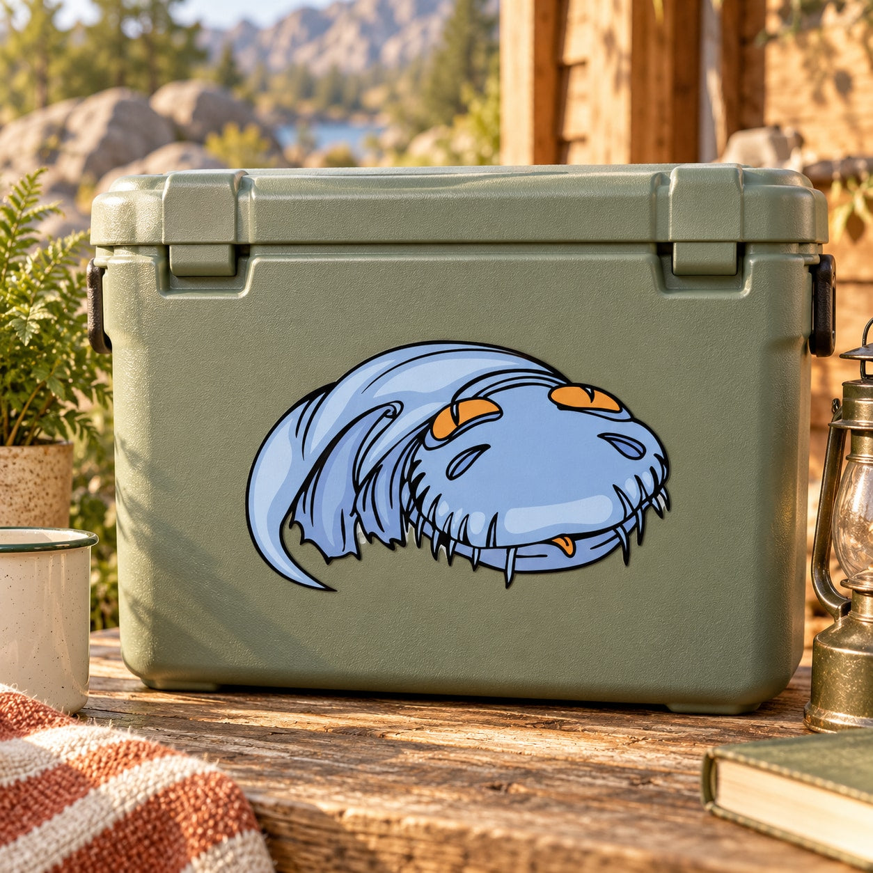 Swimming dinosaur sticker with blue dinosaur head and orange details