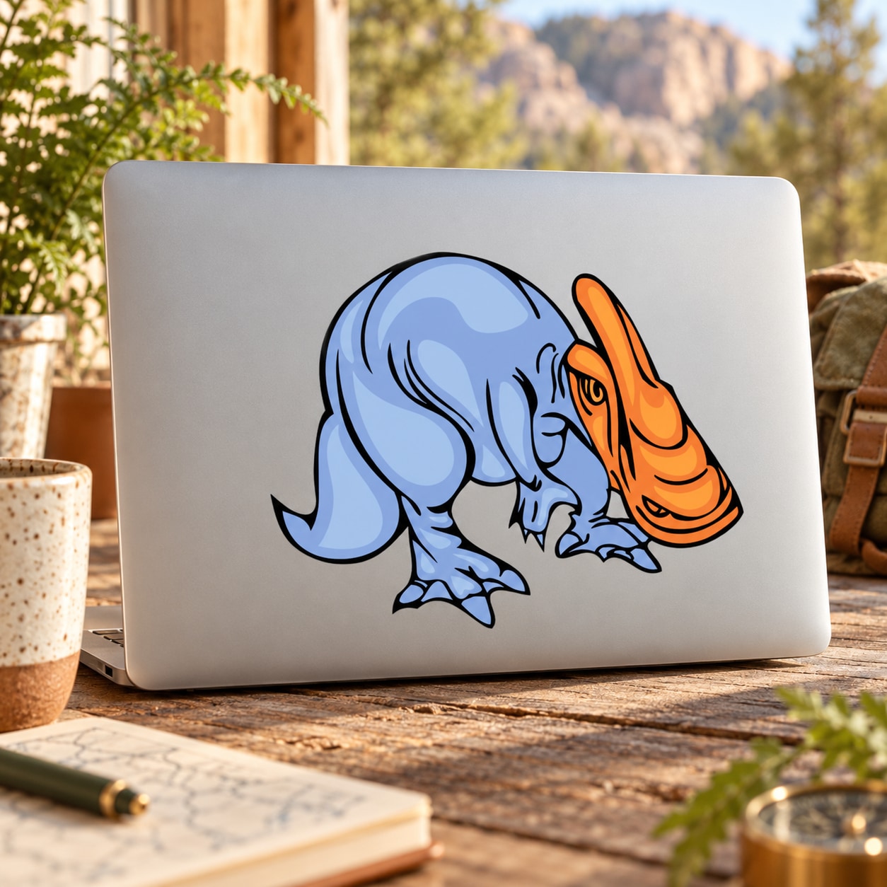 Blue and orange dinosaur face sticker with arched horns on light background