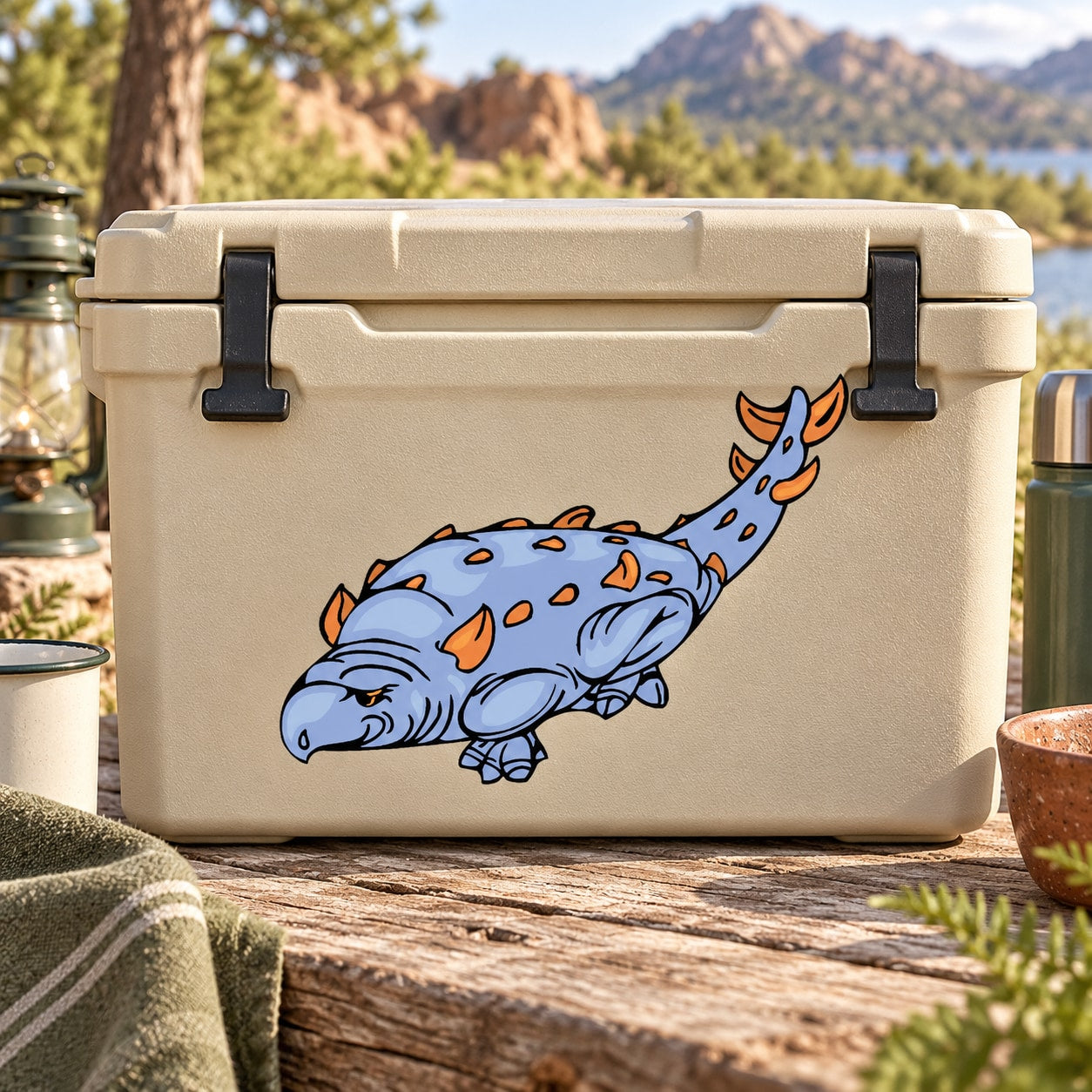 Edmontonia dinosaur sticker: blue cartoon creature with orange spots on beige cooler lid
