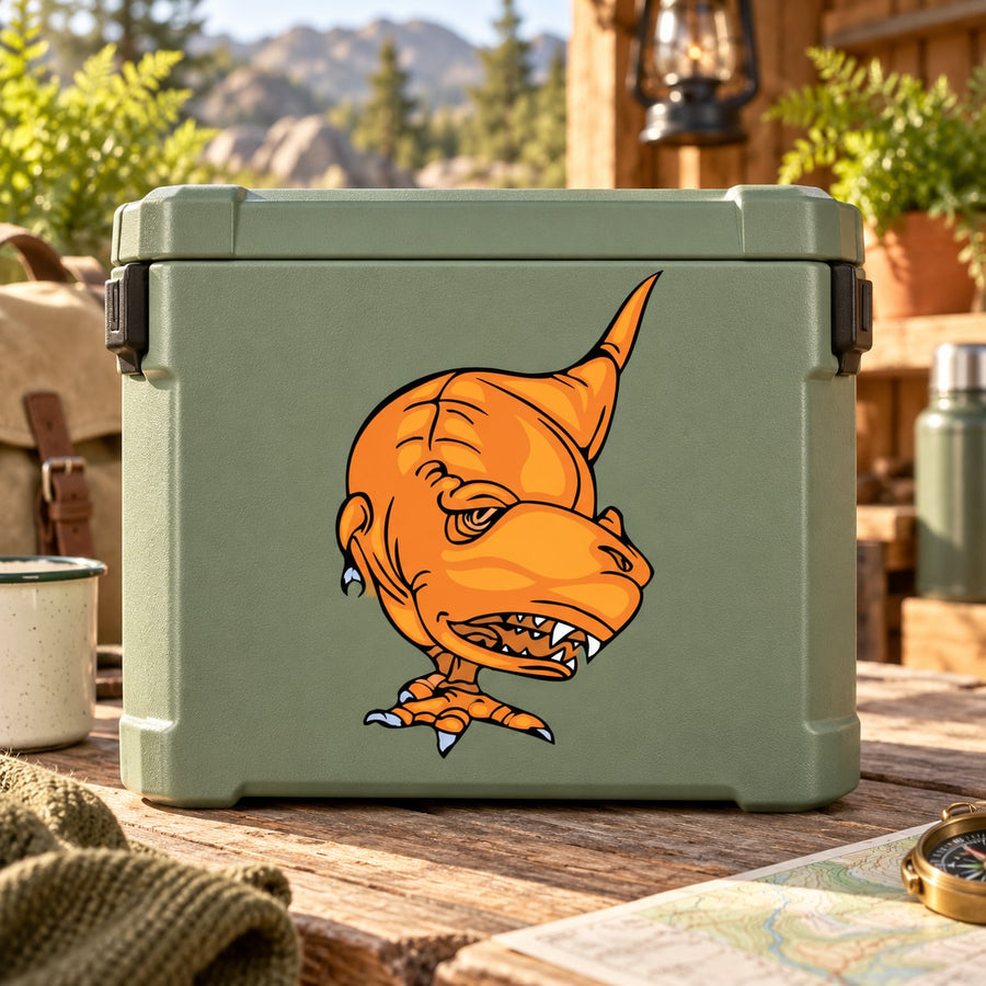 Orange cartoon T-Rex head sticker on light green rectangular backing