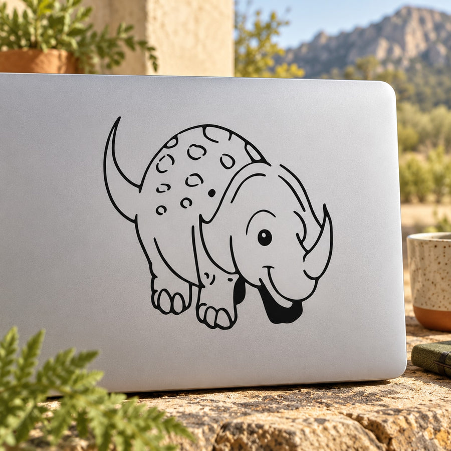 Baby triceratops outline decal with black line-art dinosaur illustration