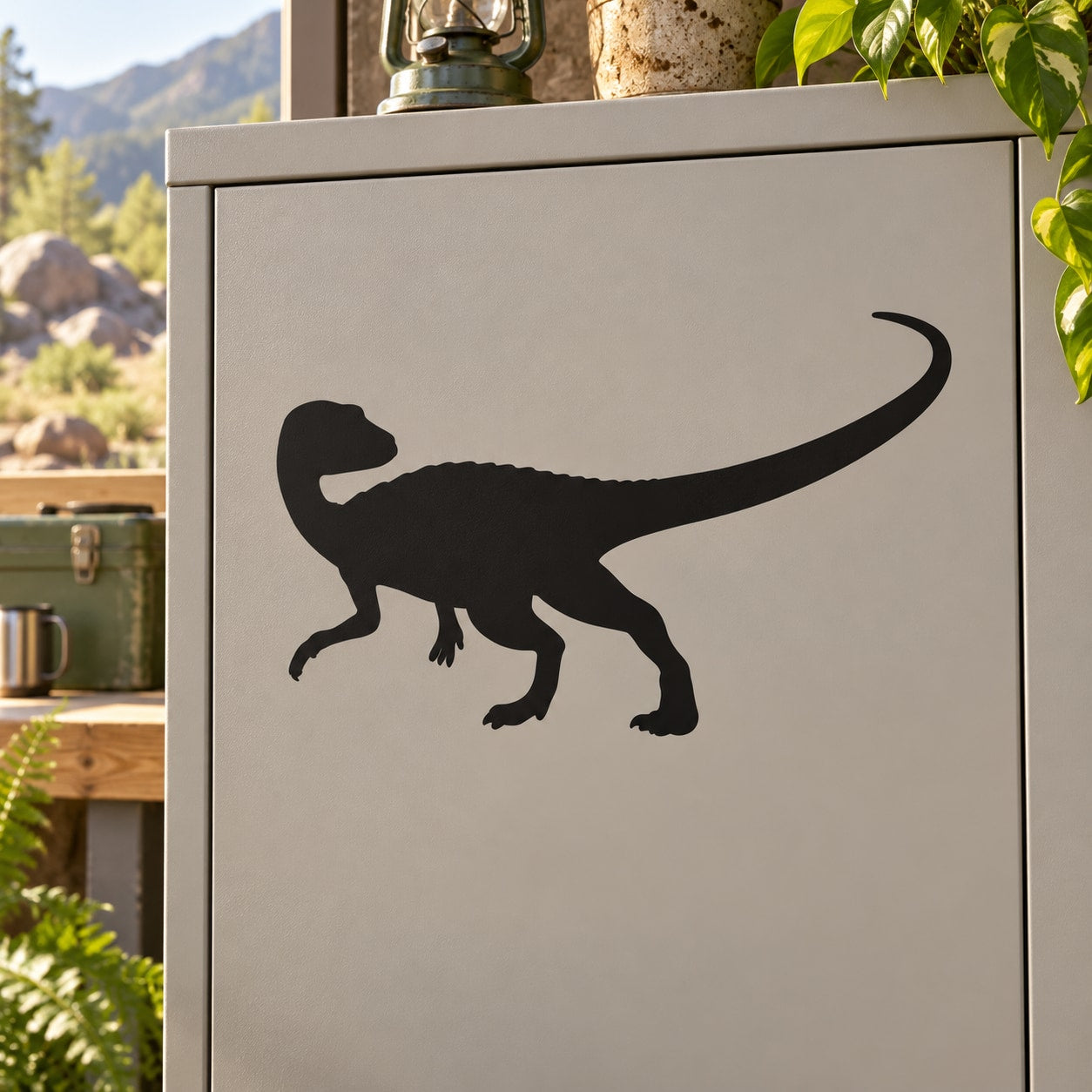Curious Iguanadon decal with black dinosaur silhouette on white background