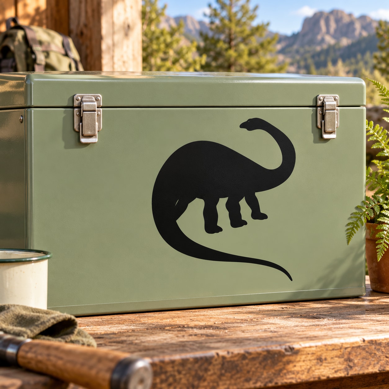 Black apatosaurus dinosaur decal with open-mouthed silhouette
