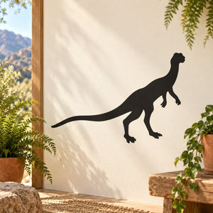 Black Compsognathus dinosaur wall decal with standing silhouette and long tail