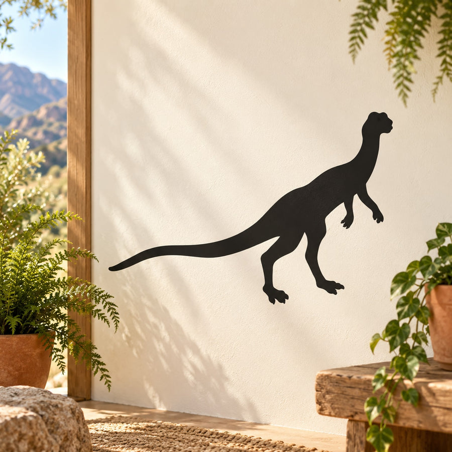 Black Compsognathus dinosaur wall decal with standing silhouette and long tail