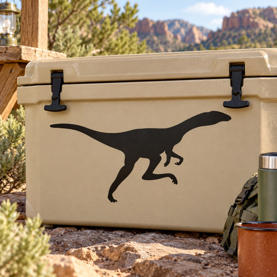 Black sprinting velociraptor decal silhouette on beige cooler