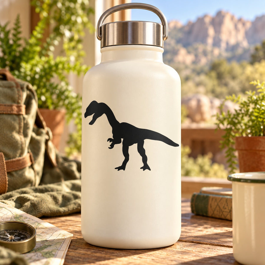 Water bottle with black dinosaur decal