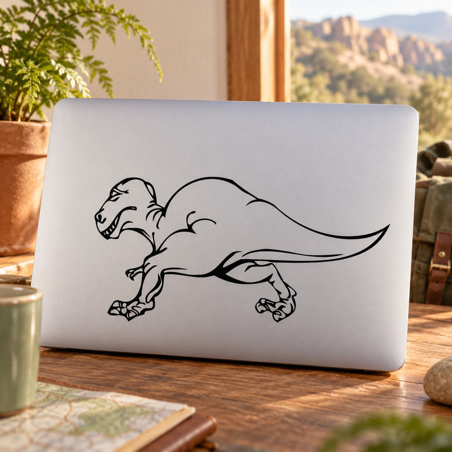 Stalking T-Rex decal, black line-art dinosaur silhouette on light surface