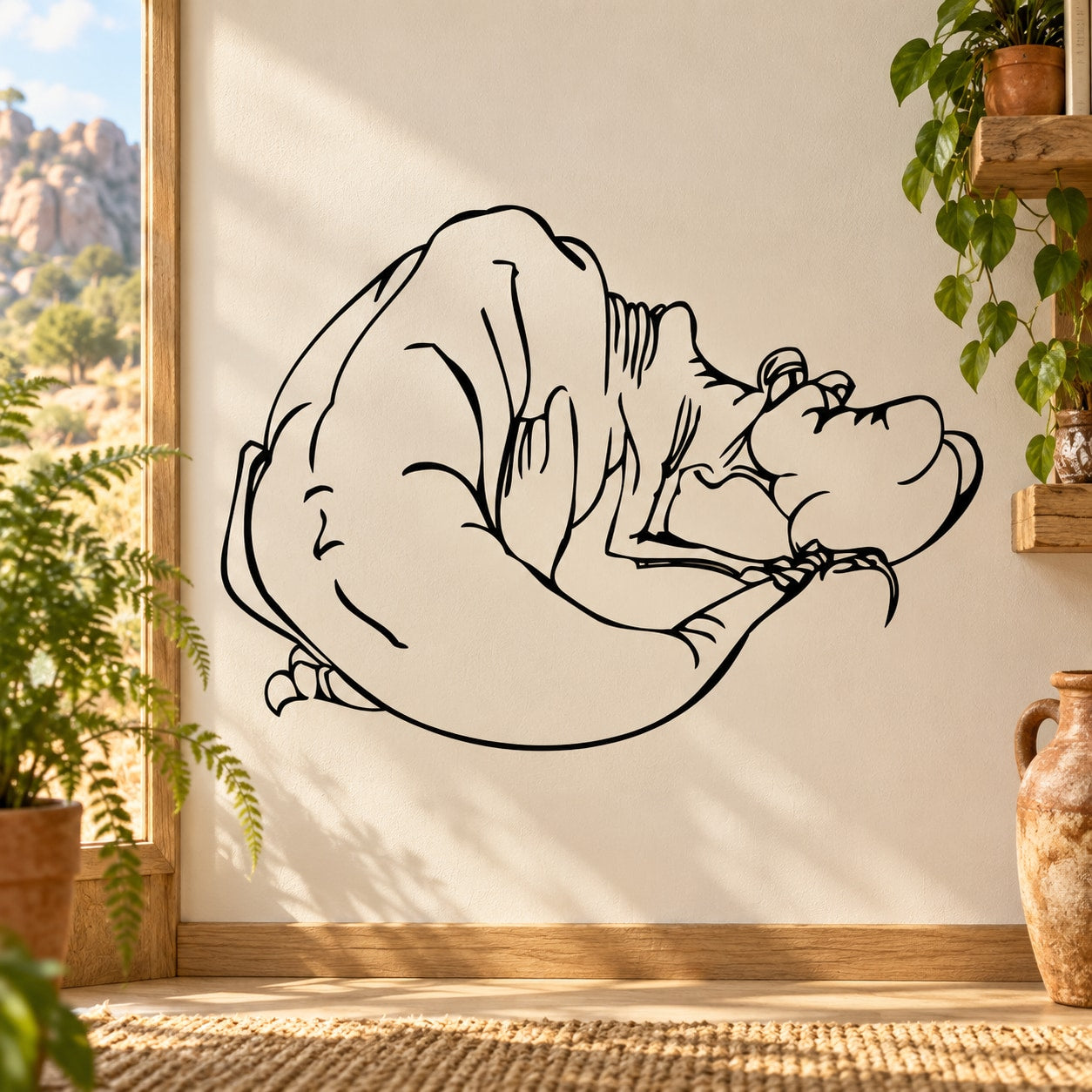 Black line-art dinosaur wall decal featuring a resting Tyrannosaurus silhouette