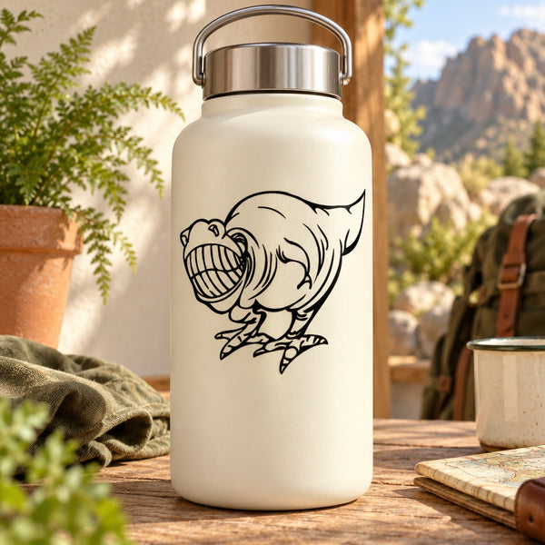 White water bottle with grinning cartoon T-rex decal