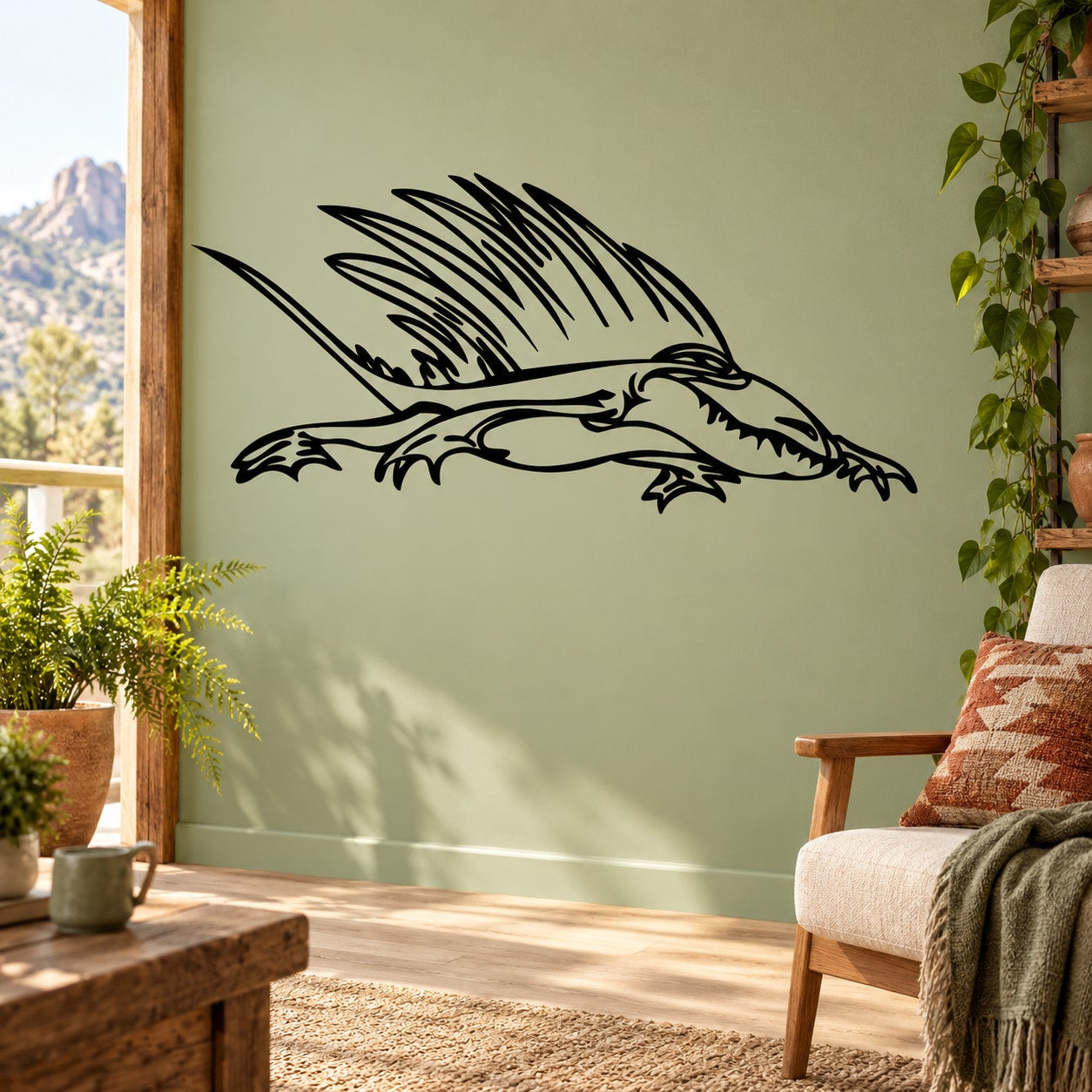 Spiney dinosaur wall decal, black outlined prehistoric reptile in profile