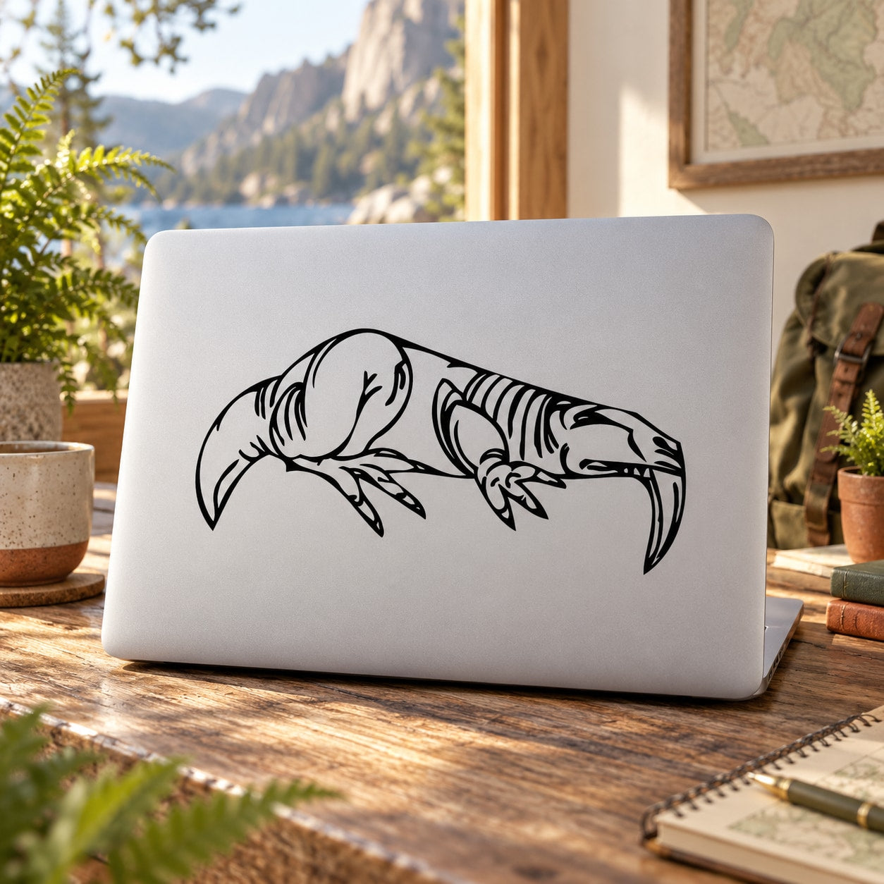 Sabertoothed dinosaur decal with black line-art illustration on white surface