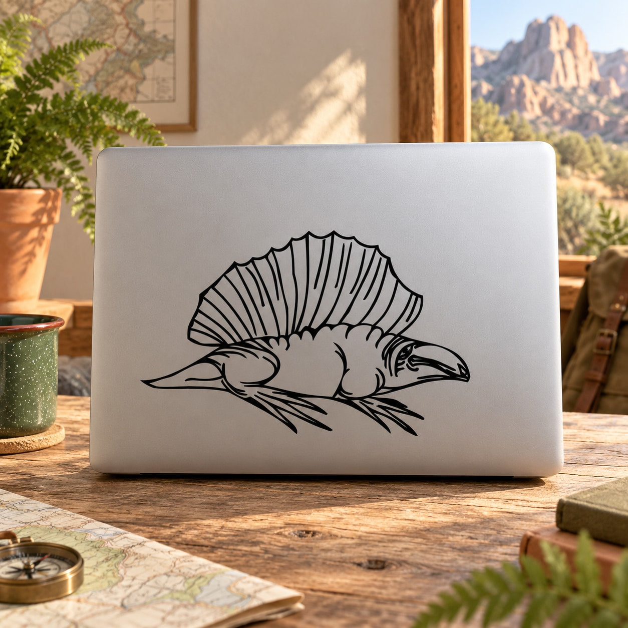 Dimetrodon decal with black line-art creature head and spiny sail, outlined on light surface