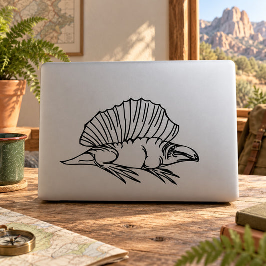 Dimetrodon decal with black line-art creature head and spiny sail, outlined on light surface