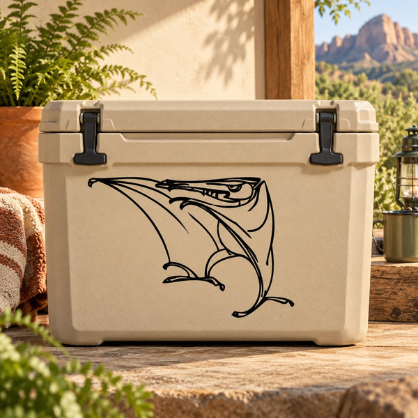 Spooky pterasaur decal sticker with black outline on tan cooler lid