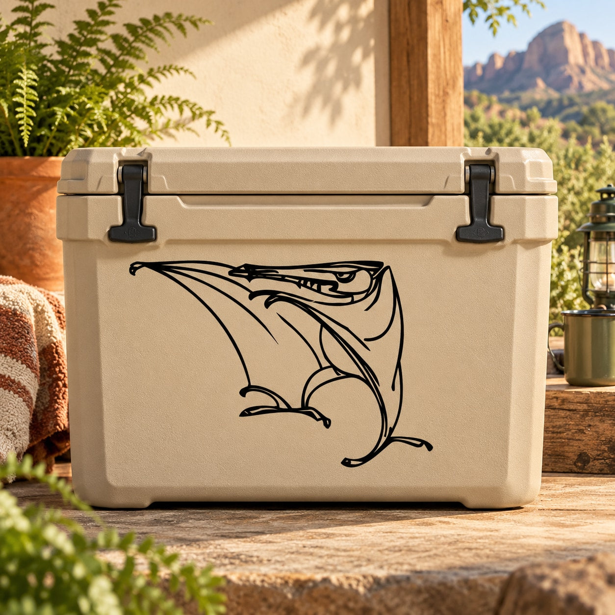 Spooky pterasaur decal sticker with black outline on tan cooler lid