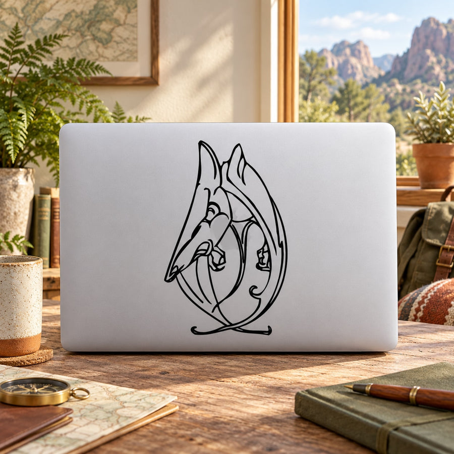 Laptop decal of a fighting pterosaur in black line art, centered on the lid
