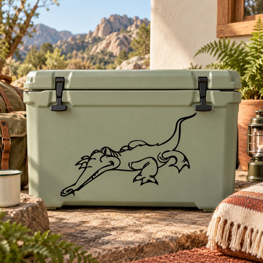 Long snout dinosaur decal on light green cooler lid in black