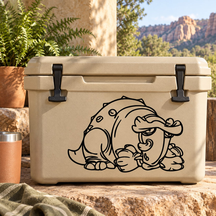 Armored dinosaur decal, black line-art dinosaur on beige hard case