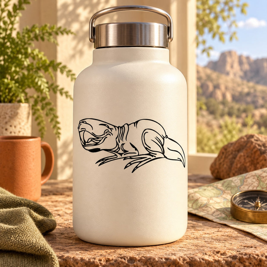 White water bottle with fish illustration decal and stainless steel screw-top lid