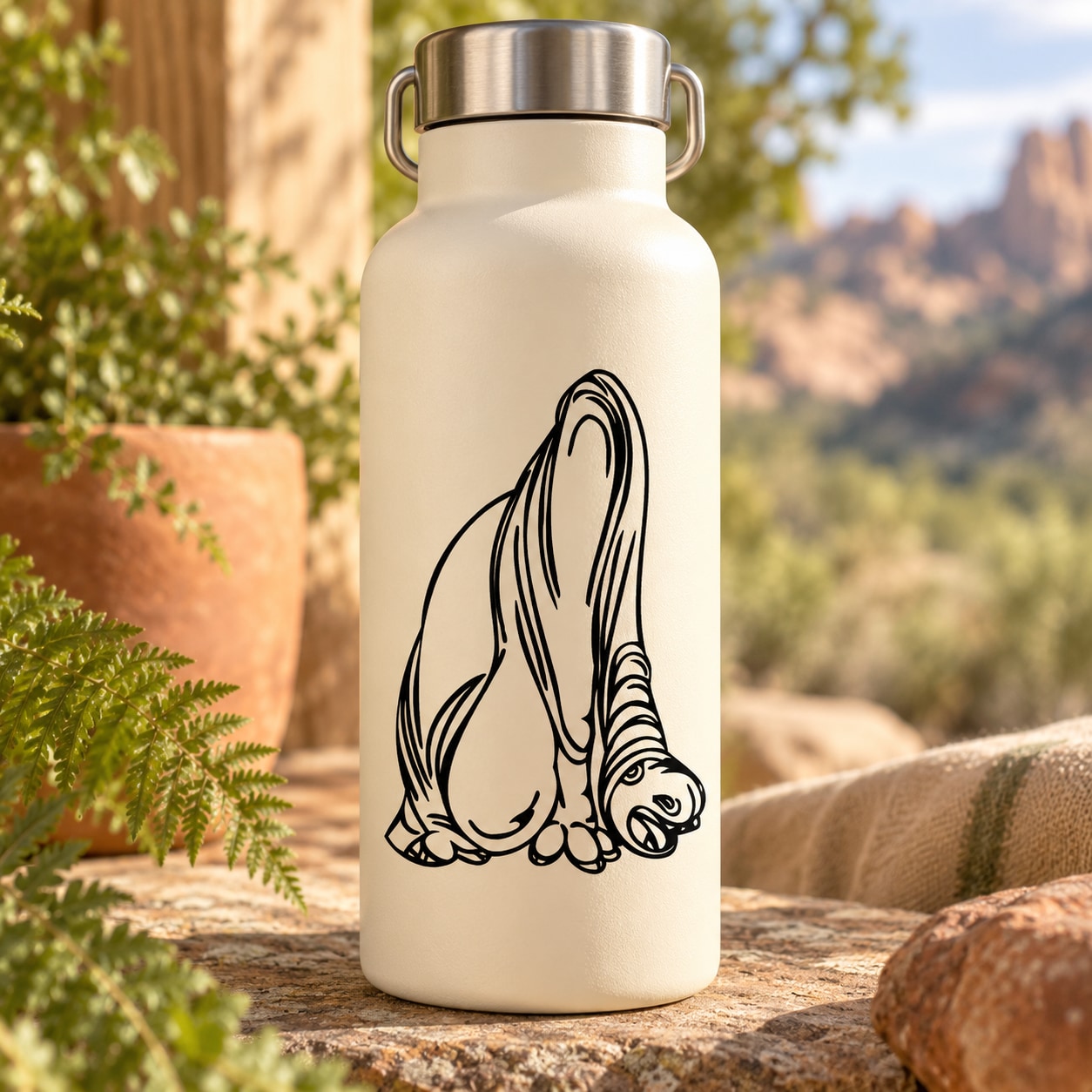 Drinking diplodocus decal sticker with black line-art on cream bottle