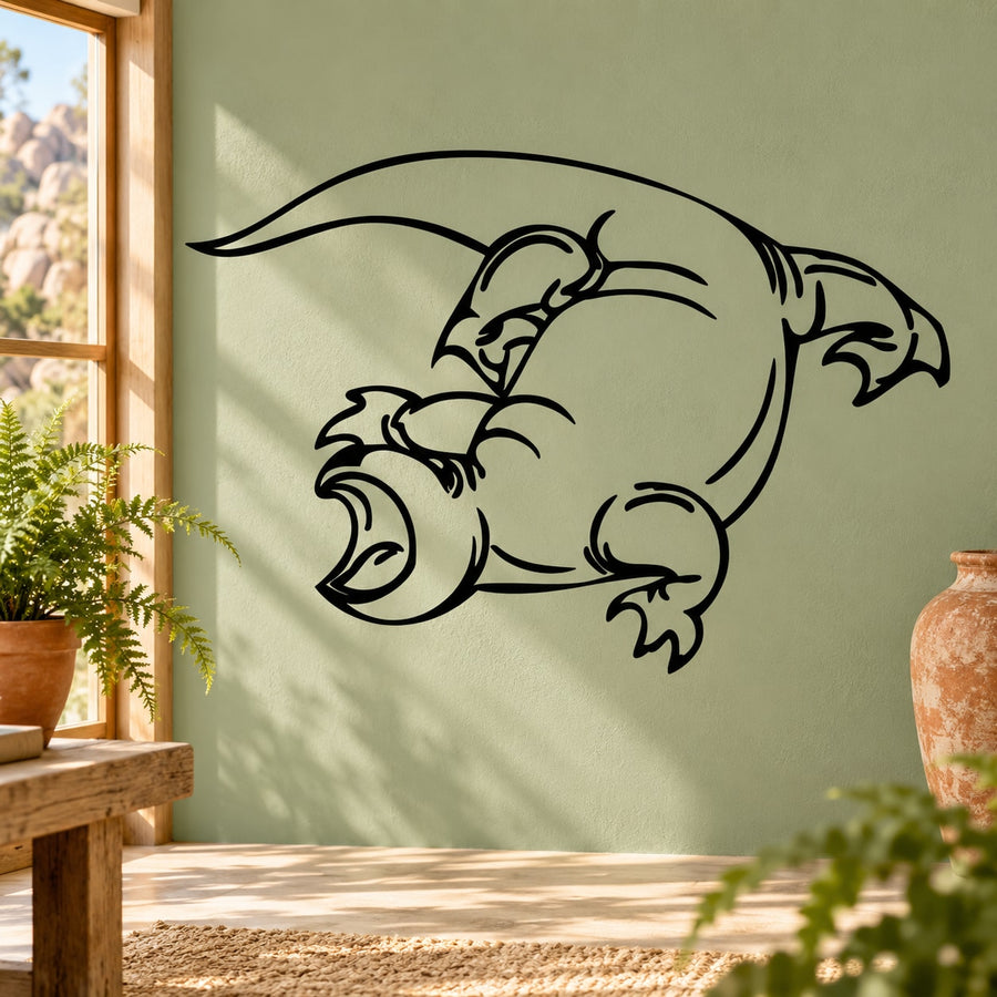 Chomping dinosaur wall decal with black outlined design on a light surface