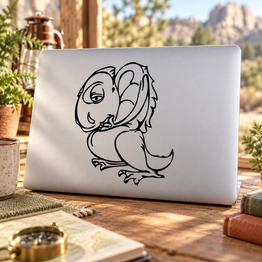 Sick dinosaur decal sticker, black line-art cute cartoon dinosaur