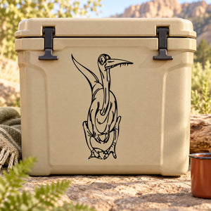 Awkward dinosaur decal with black line-art on a light beige cooler front