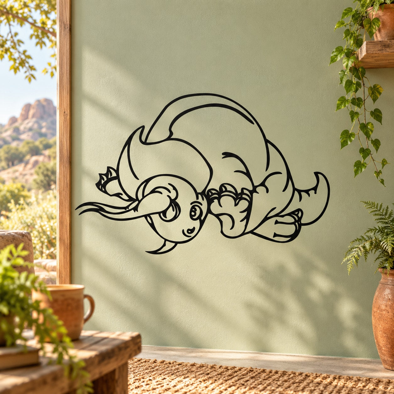Charging triceratops wall decal with black outline graphic