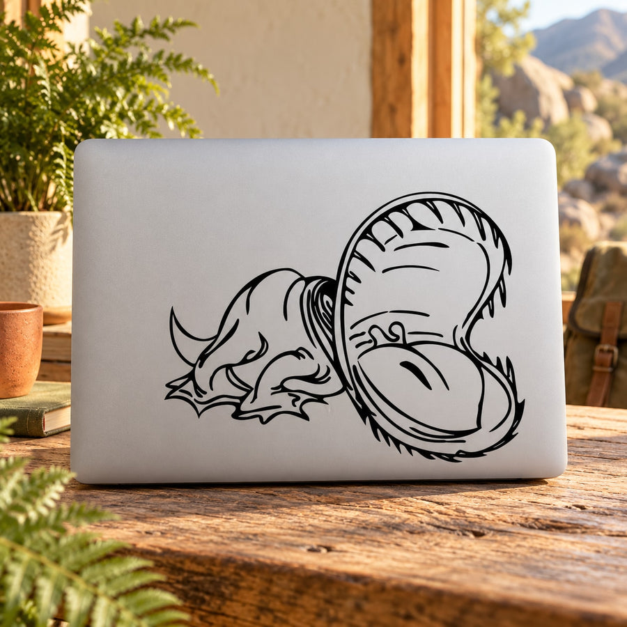 Toothy dinosaur decal sticker with black line-art design on a white surface