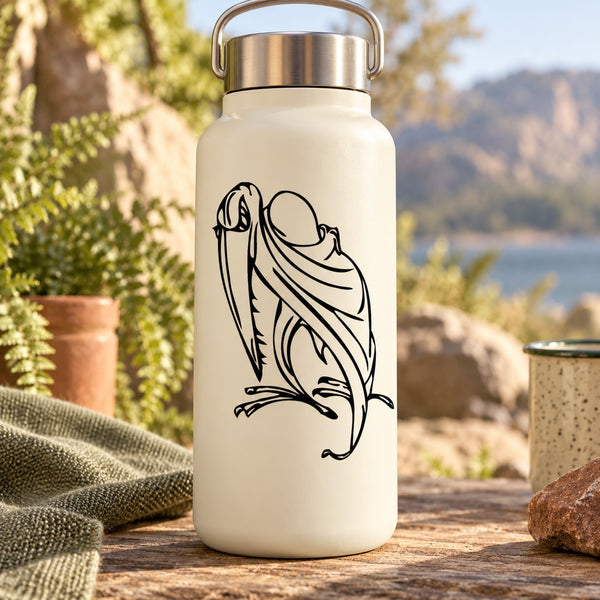 White reusable water bottle with black pterasaur decal illustration