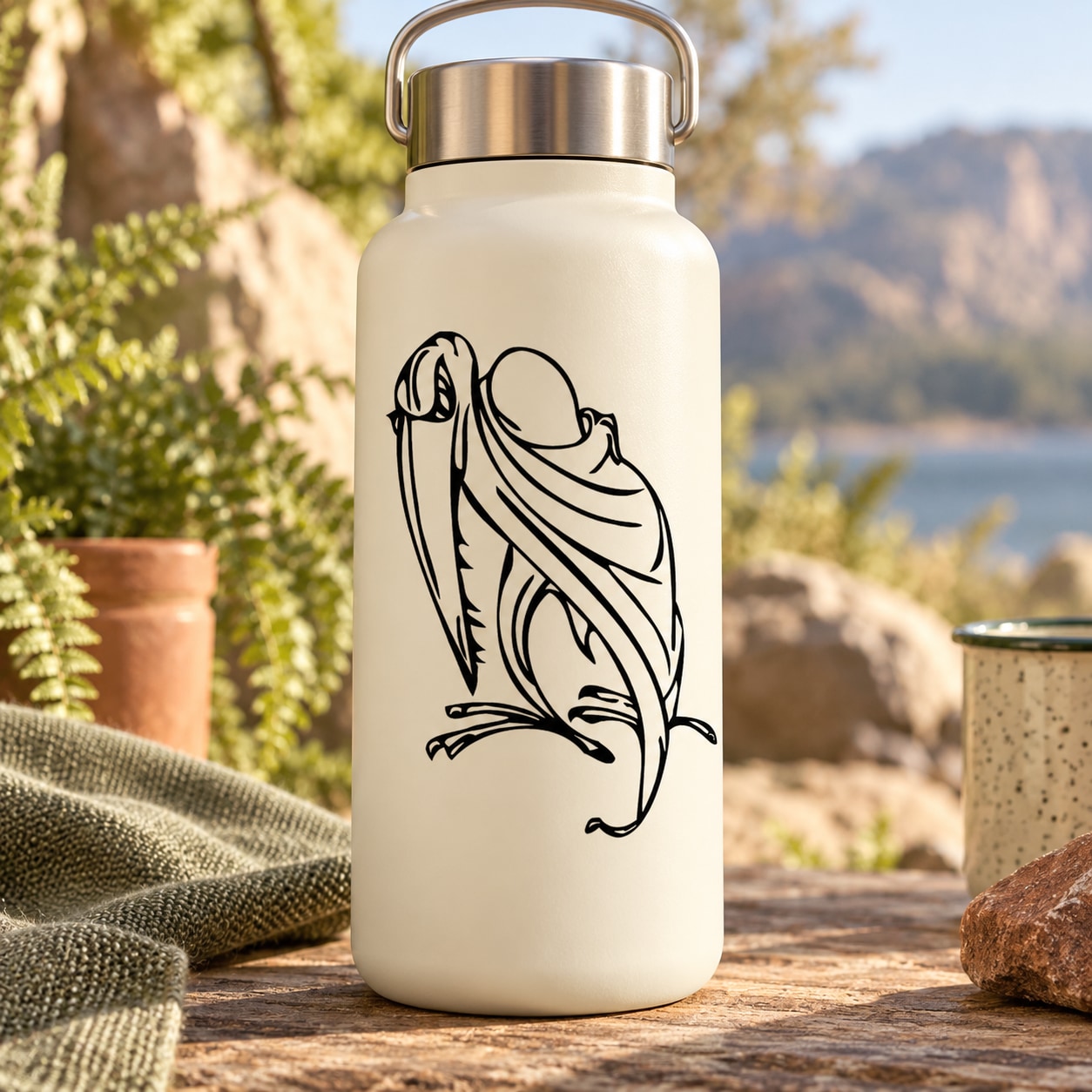 White reusable water bottle with black pterasaur decal illustration