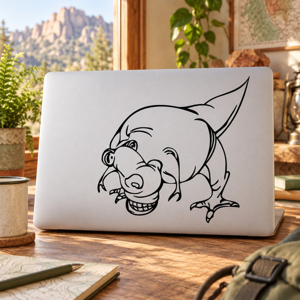 Cartoon T-rex dinosaur decal sticker in black line art on white laptop lid