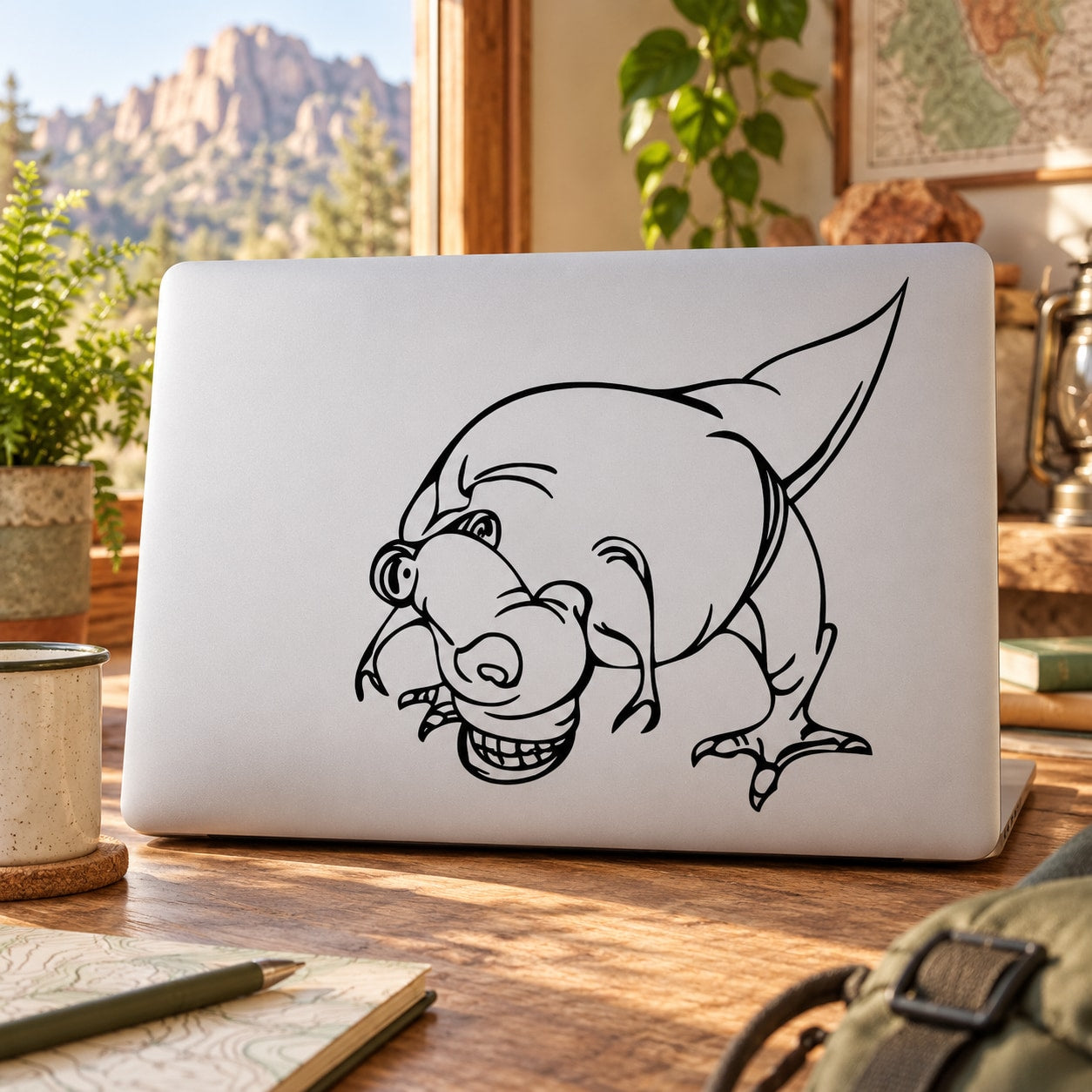 Cartoon T-rex dinosaur decal sticker in black line art on white laptop lid