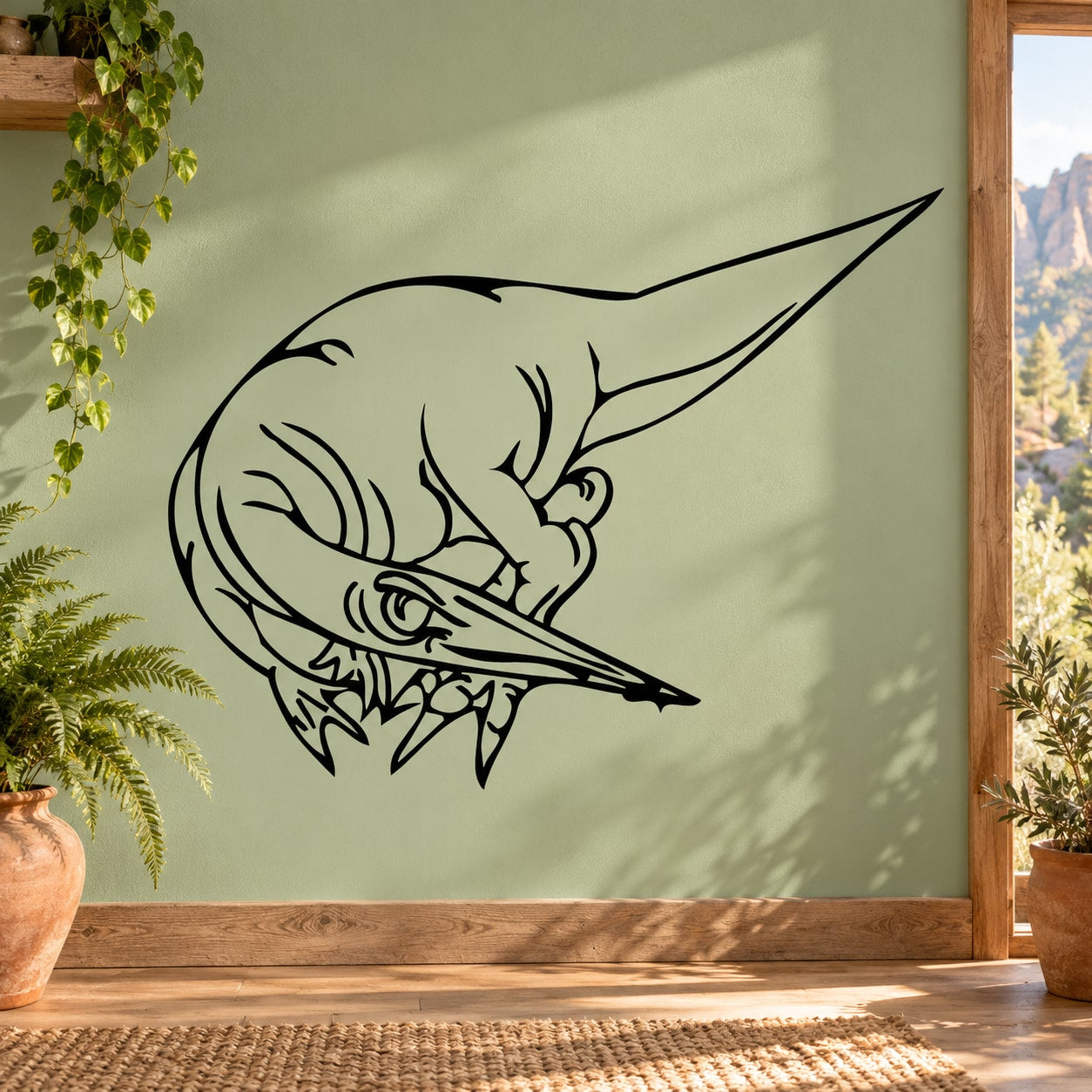 Black line-art dinosaur decal with stylized head and long tail