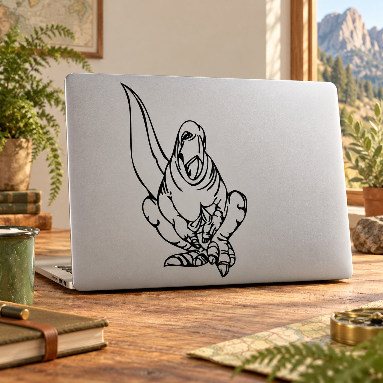Black line-art crouching dinosaur decal