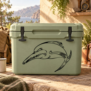 Ichthyosaurus decal sticker with black fishlike dinosaur graphic on cooler front