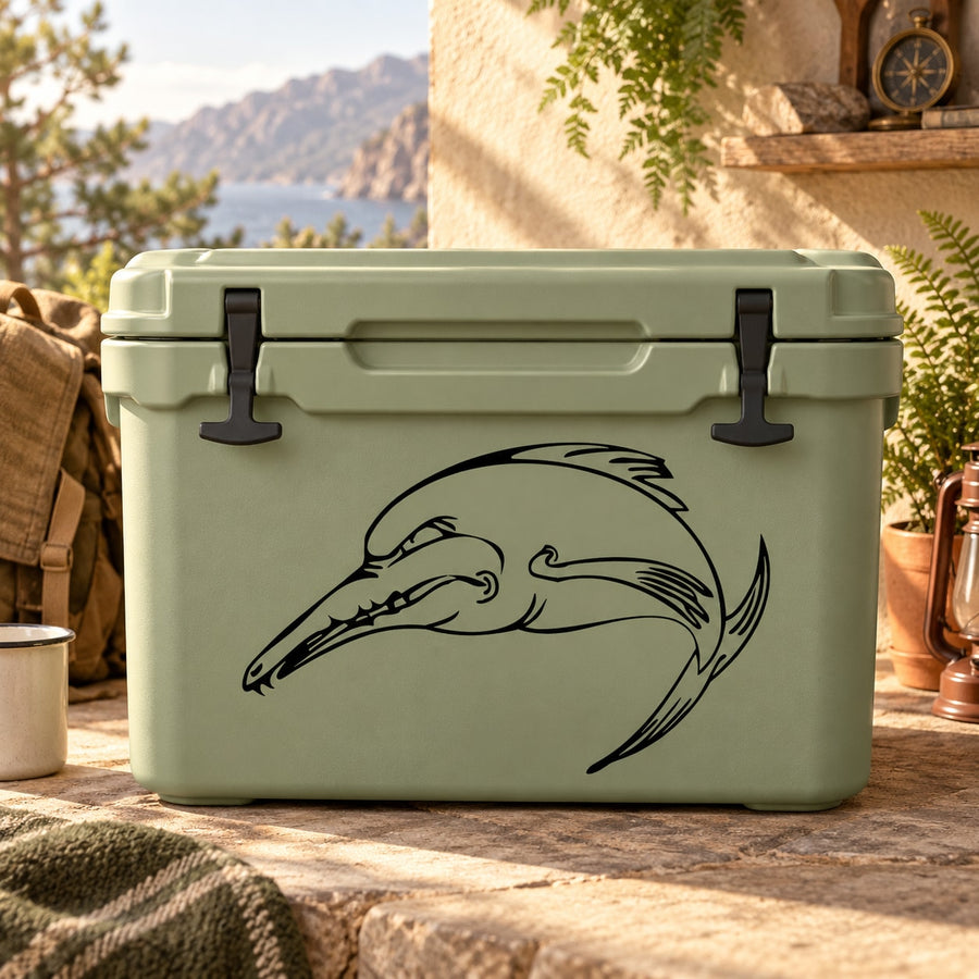 Ichthyosaurus decal sticker with black fishlike dinosaur graphic on cooler front