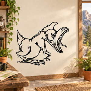 Roaring dinosaur wall decal with black outline of a snarling dinosaur head