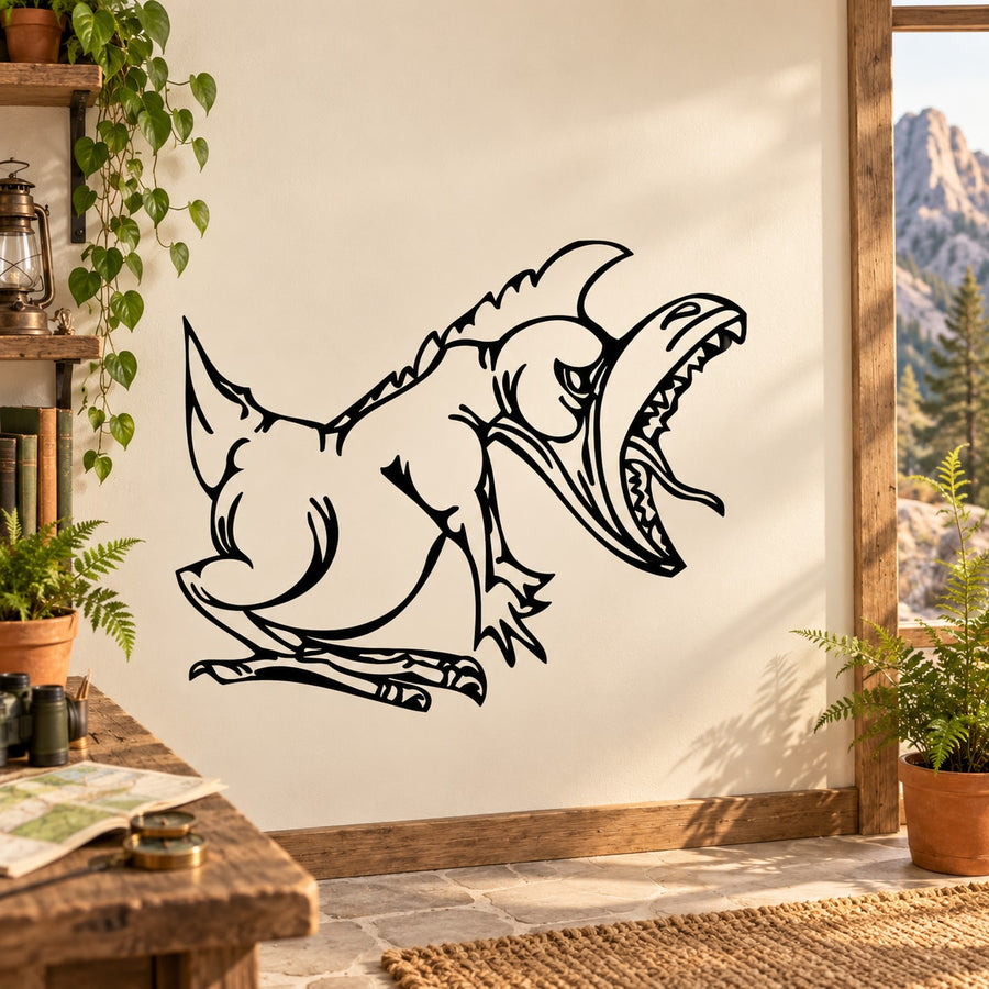 Roaring dinosaur wall decal with black outline of a snarling dinosaur head