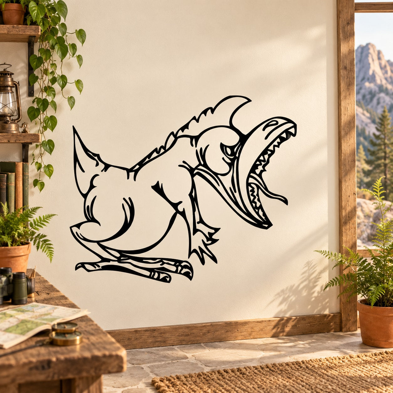 Roaring dinosaur wall decal with black outline of a snarling dinosaur head