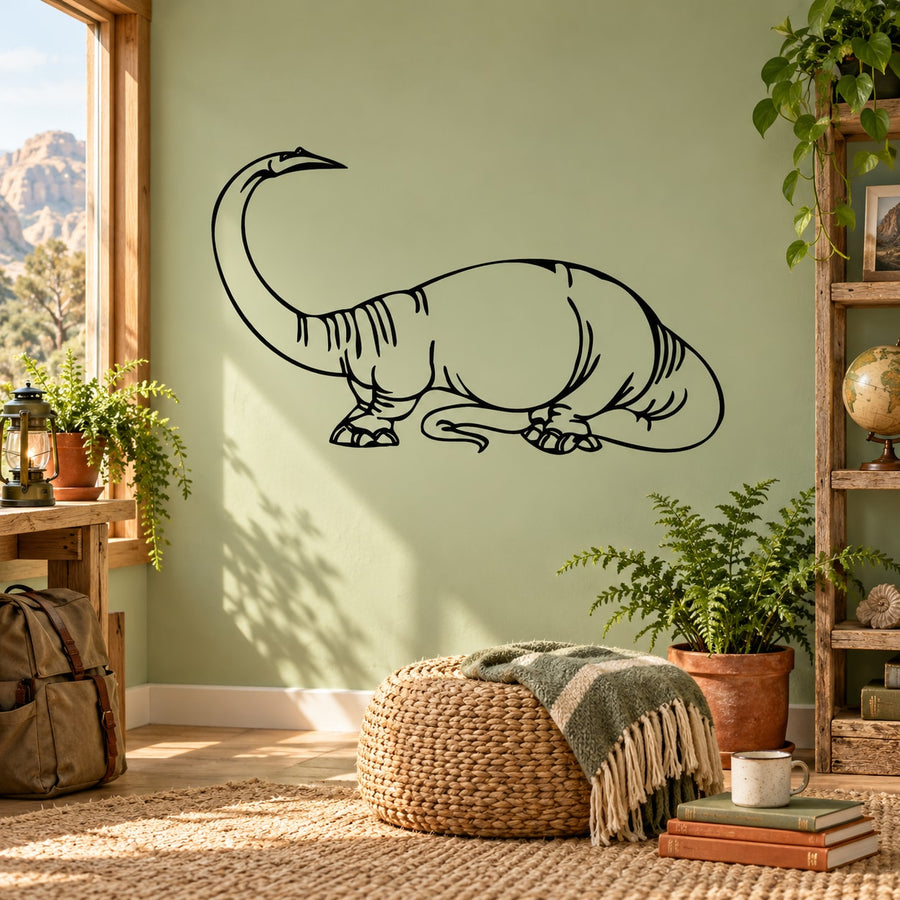 Black line-art apatosaurus decal with long tail and legs